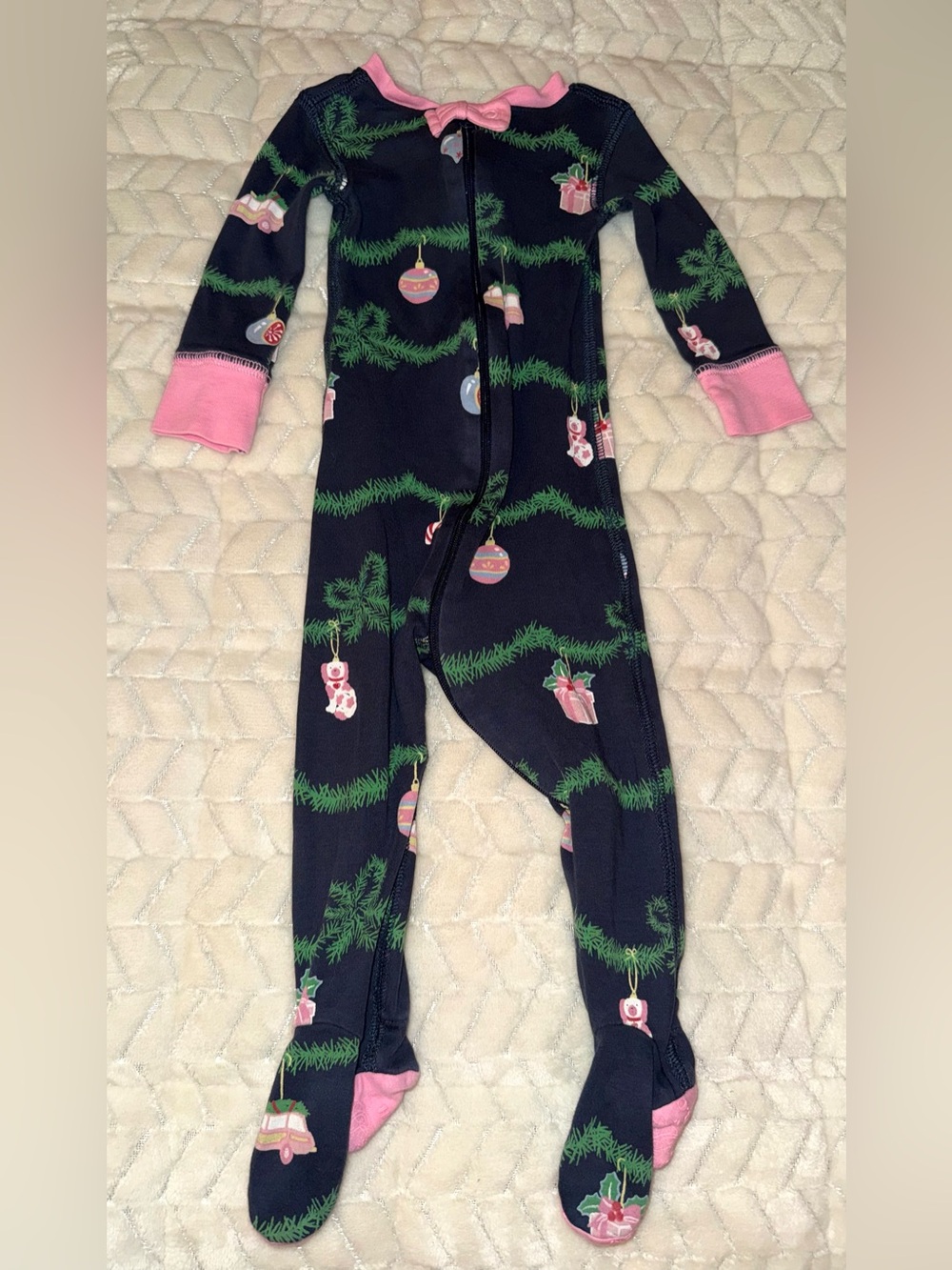 TBBC Noelle's Night Night zippy in “Darling Deck the Halls" print, size 6-12 mos